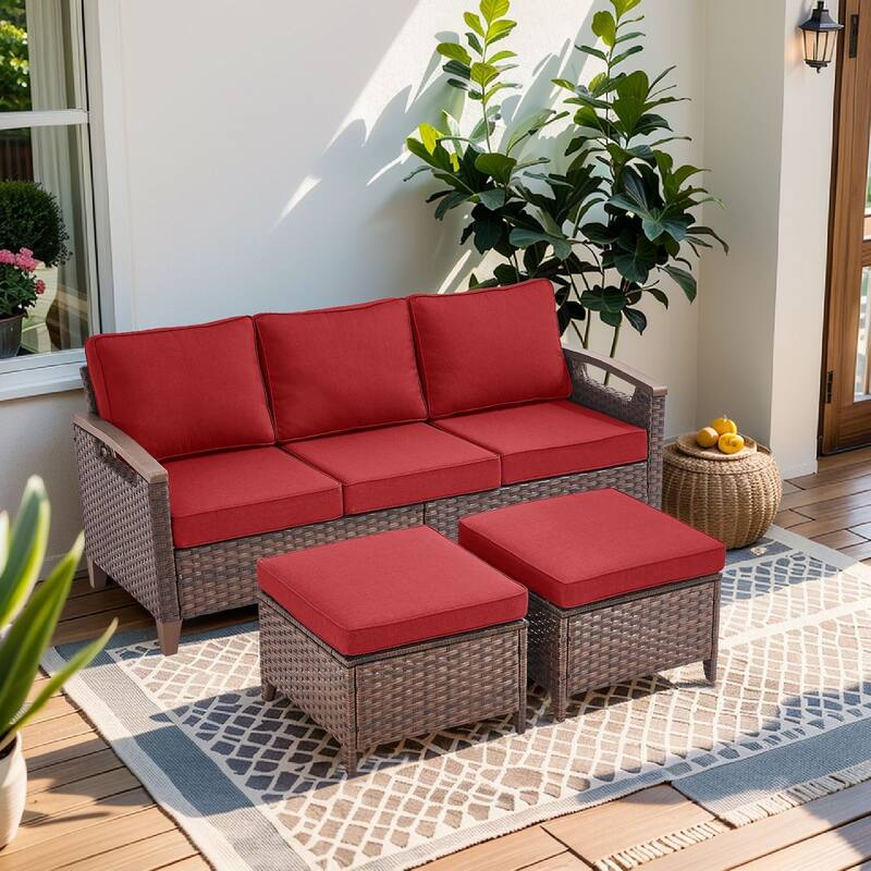 Pocassy Outdoor Patio Sofa Chair Ottoman Table Furniture Set - Red Cushion - 3-Seat Sofa with Ottoman Set