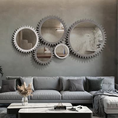 Vintage Gear-Shaped Round Wood Wall Mirror