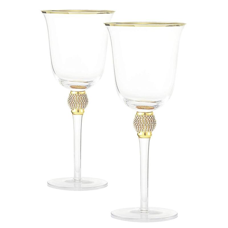 Berkware Elegant Sparkling Studded Long Stem Rose Glass with Gold or Silver Rim - Set of 2 - Gold