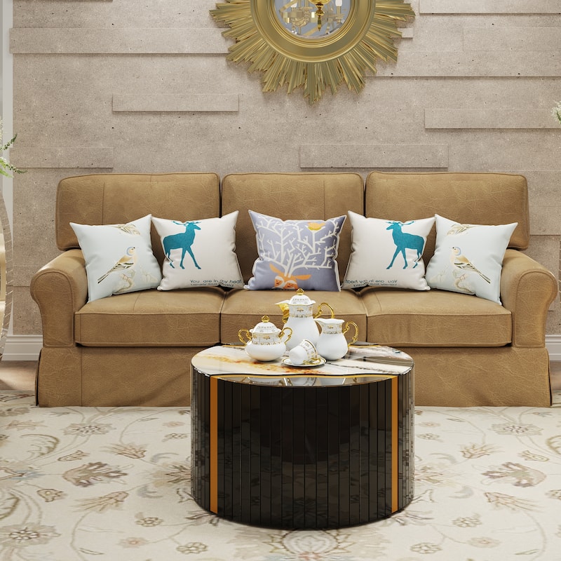 Marble pattern sticker Round Coffee Table, Cylindrical Silver Mirror with Gold Dust Finish, Modern Home Decor Table - Black