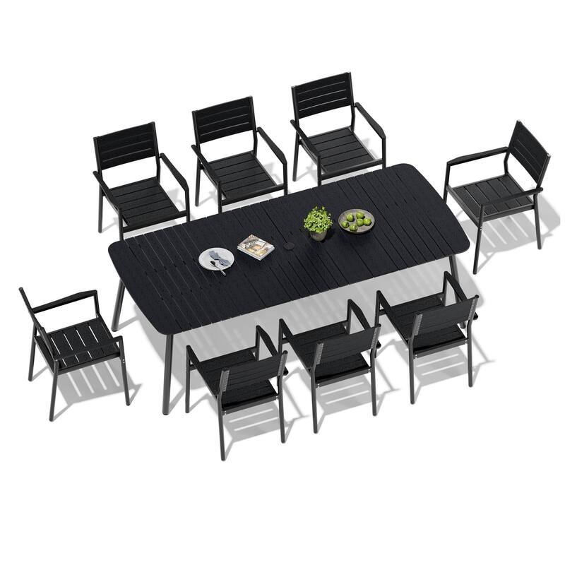 9/11-Piece Outdoor Dining Set Patio Aluminum Dining Table with Umbrella Hole and Stackable Dining Chairs - Black - Set of 9