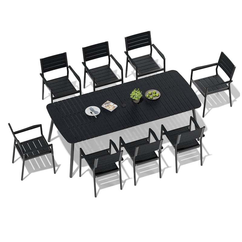 9-Piece Rectangular Patio Outdoor Dining Table Set with Umbrella Hole and Stackable Armchairs