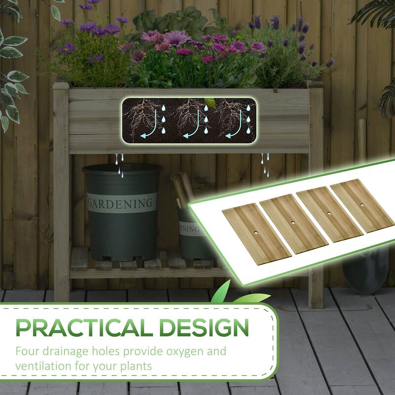 Outdoor Elevated Garden Planter Bed with Storage Shelf Draining System
