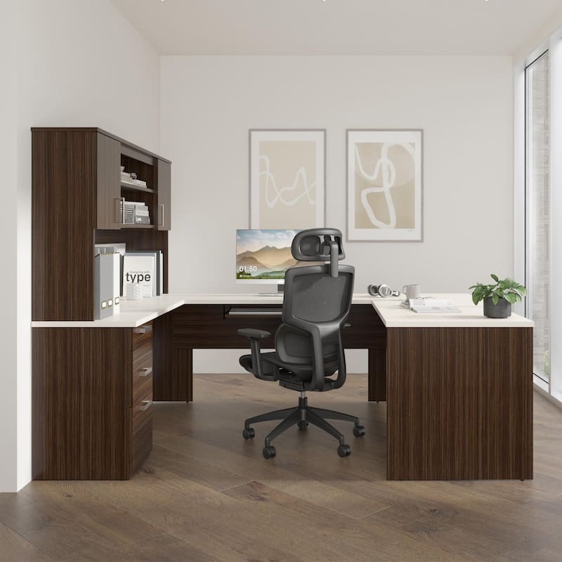 Bestar Ridgeley U-Shaped Office Desk with Cabinet and Hutch