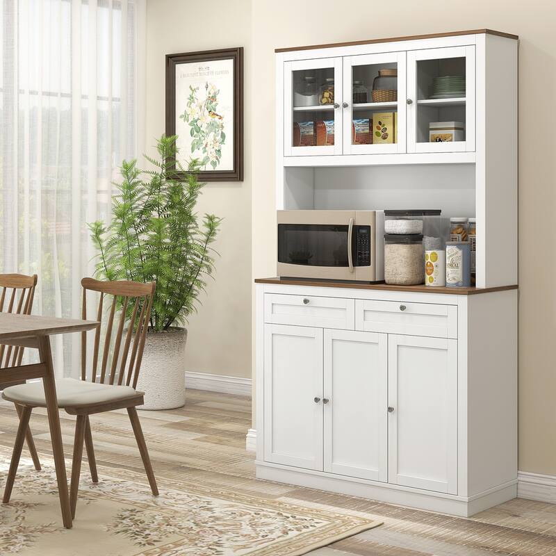Modern Tall Storage Cabinet with Microwave Stand, 2 Drawers and Adjustable Shelves