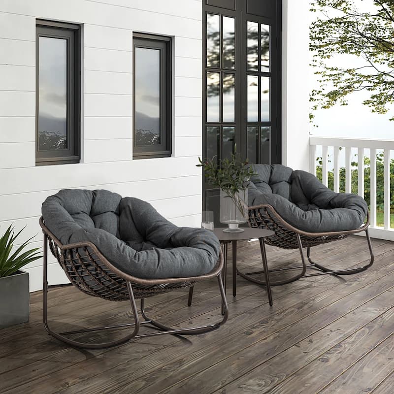 Outdoor Rattan Rocker Recliner Chair With Polyester Padded Cushion （set of 2） - Grey