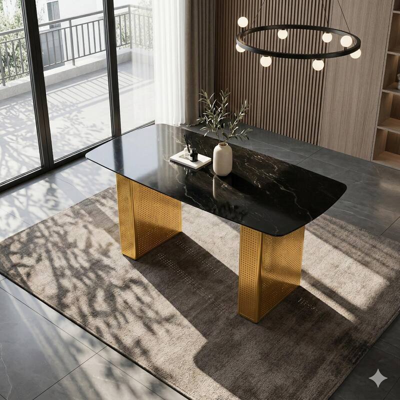 Modern Rectangular Tempered Glass Dining Table, Marble-Patterned Design with Gold Dual-Pedestal Metal Base for Dining Room