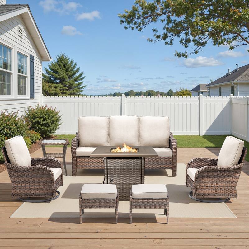 Pocassy Patio Sofa Swivel Chair Ottoman with Fire Table Funiture - Beige Cushion - Brown Wicker - 7-Piece Sofa Swivel Chair Ottoman w/ Fire Table