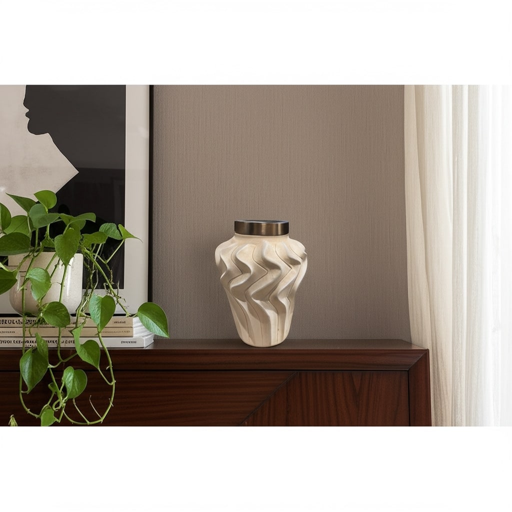 Pottery Jar Wavy Sculpted Tall with Metallic Lid Decorative Accent