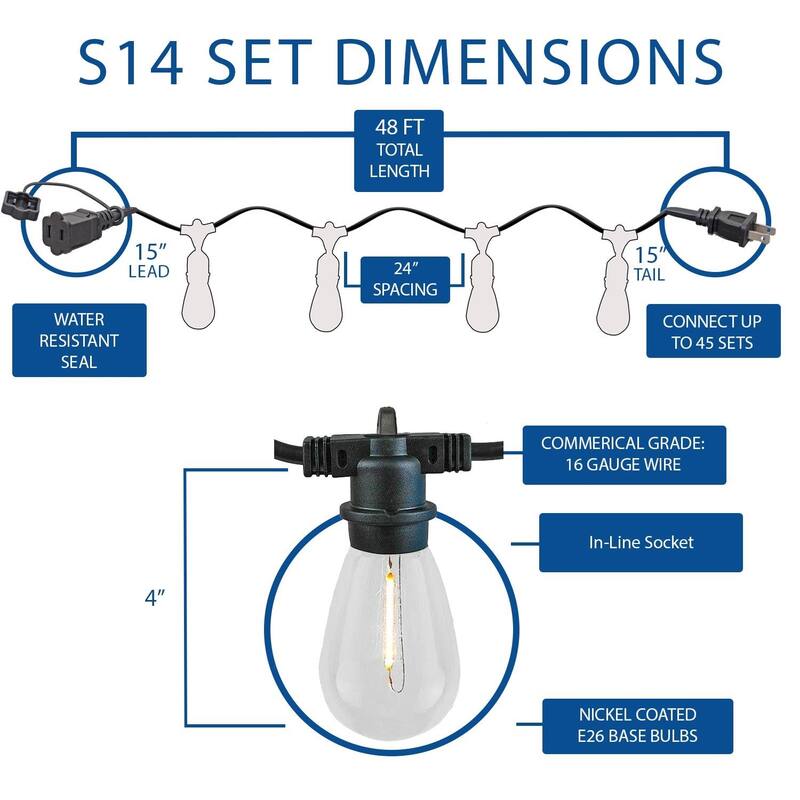 48 Foot LED Filament S14 In-line Socket Edison Outdoor Market Patio String Lights - In-Line Socket