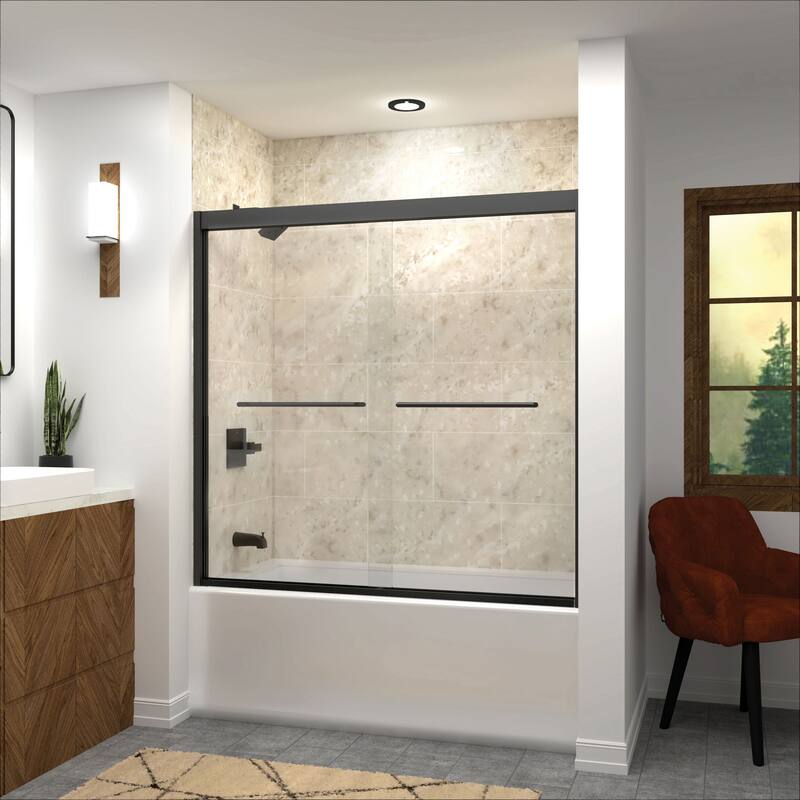 Frederick 59 in. W x 58 in. H Sliding Semi-Frameless Shower Door in Brushed Nickel with Clear Glass - 60 x 58 - 60 x 58 - Matte Black