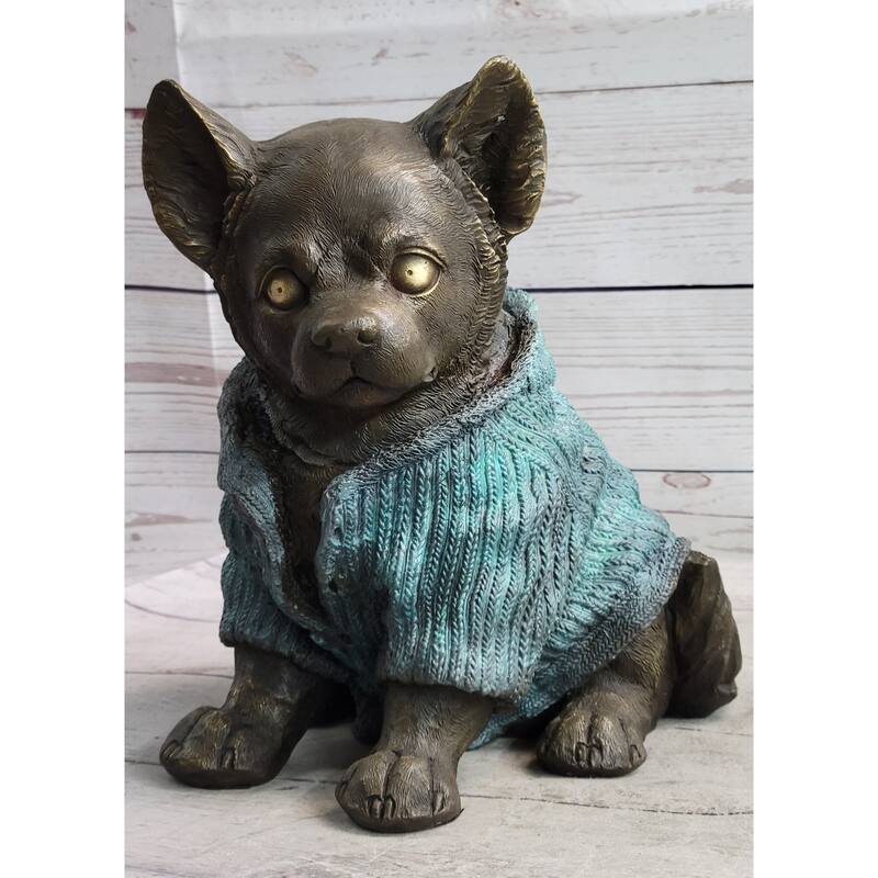 Chihuahua Puppy Dog Wearing Blue Sweater Bronze Metal Figurine Sculpture Decor