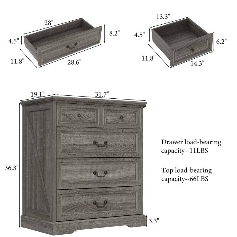 Farmhouse 5-Drawer Chest with Anti-Tip Device, Rustic Wooden Dresser for Bedroom, 36.3" Tall Storage Cabinet