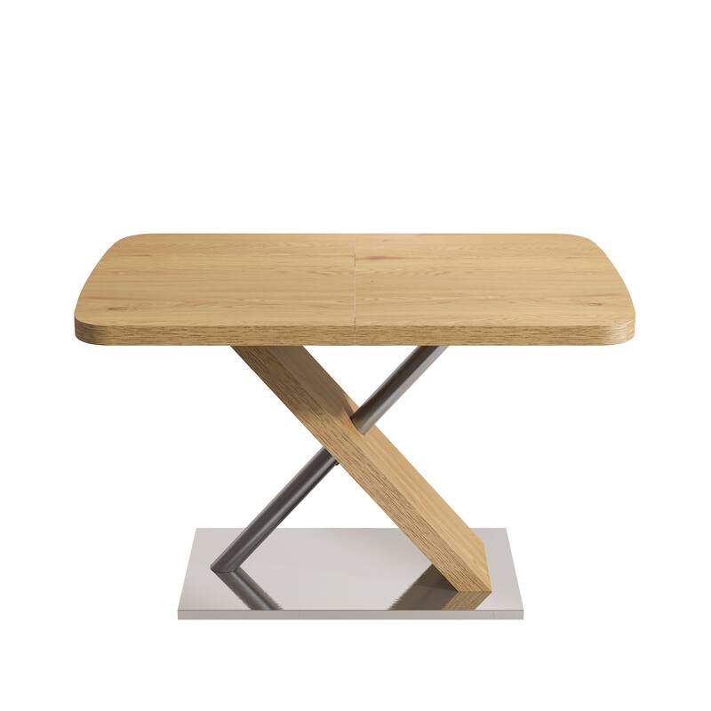 Dining Table, Original Wood Color, Seating 4-6 People, Retractable Table, Cross Metal Base and Stainless Steel Tubing