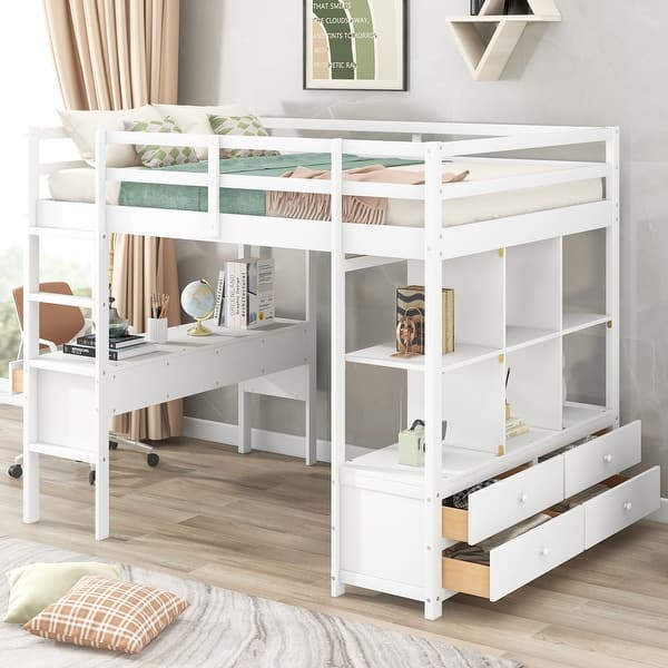 slide 2 of 36, Full Size Multifunctional Loft Bed with Two Drawers, and Storage Shelves and Drawers White