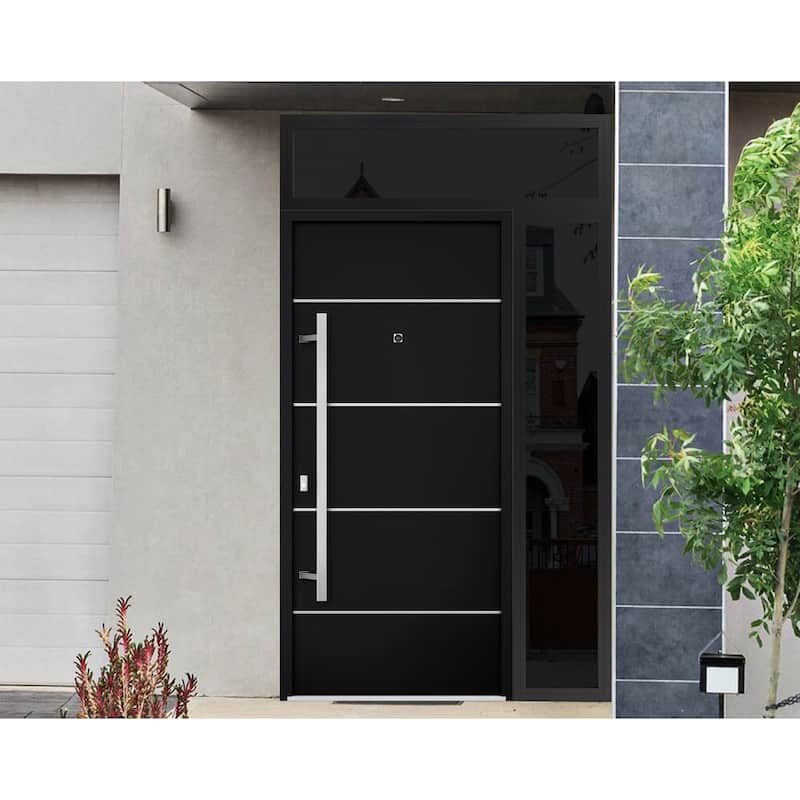 Front Prehung Steel Door 6083 Black Enamel Top Window Sidelite Stainless Inserts W36xH80+16 Lh I Bedroom Door Bathroom Door