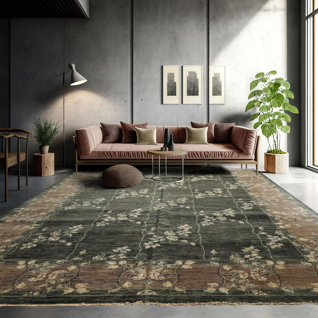 9x12'6'' Hand Knotted Wool Celadon Peshawar Transitional Superfine Botanical Rug - 9' x 12' 6''