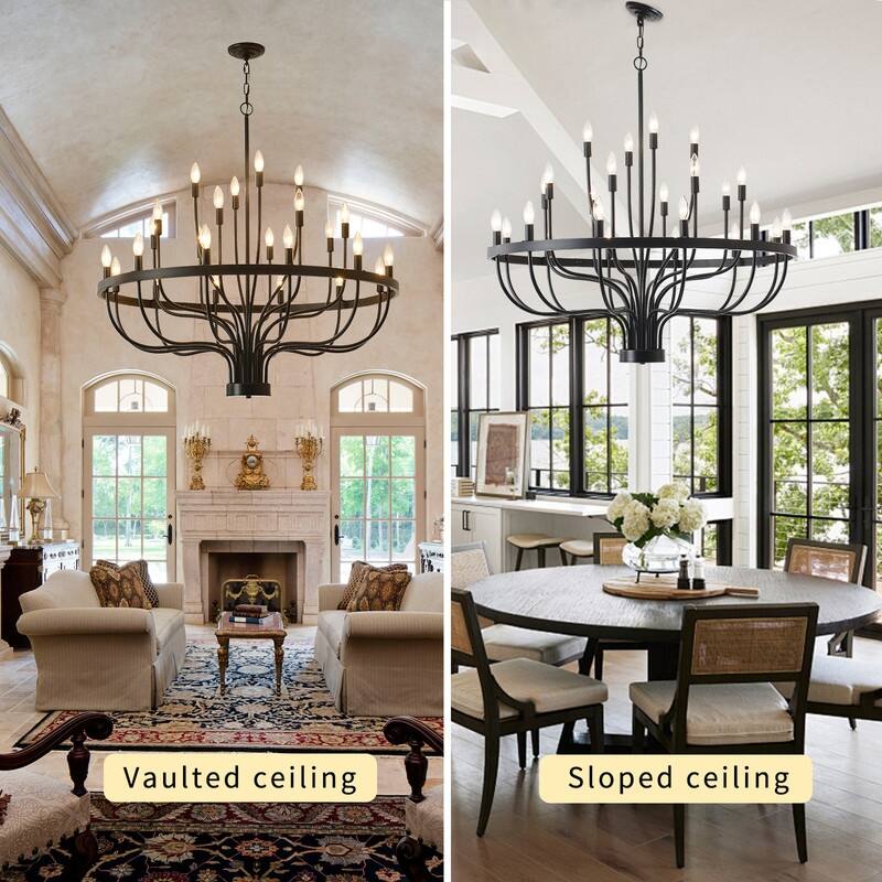French Country Candle Chandelier Black/Gold Large Wagon Wheel Pendant Lighting