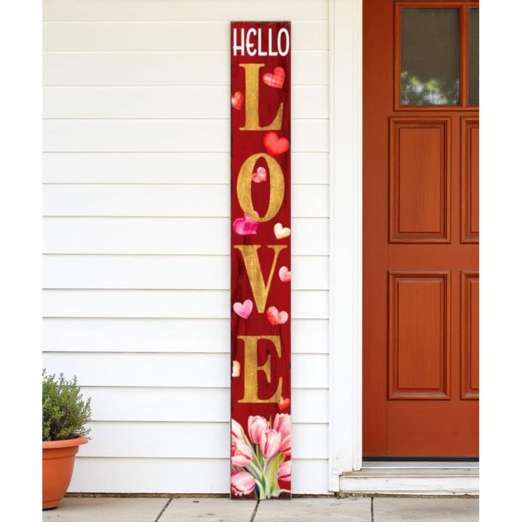 HomeRoots 72" Red And Gold Solid Wood Hello Love Valentine's Day Porch Sign