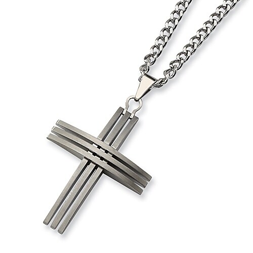 Chisel Brushed Stainless Steel Cross Necklace on 24 Inch Curb Chain (4 mm) - 24 in