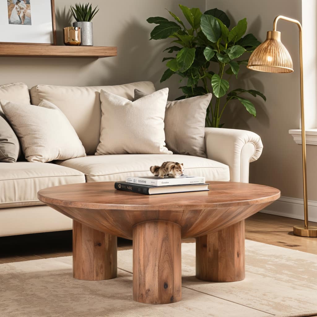 Meridian Coffee Table, 38 Inch Round Top, 3 Column Pillar Legs, Natural Brown Mango Wood