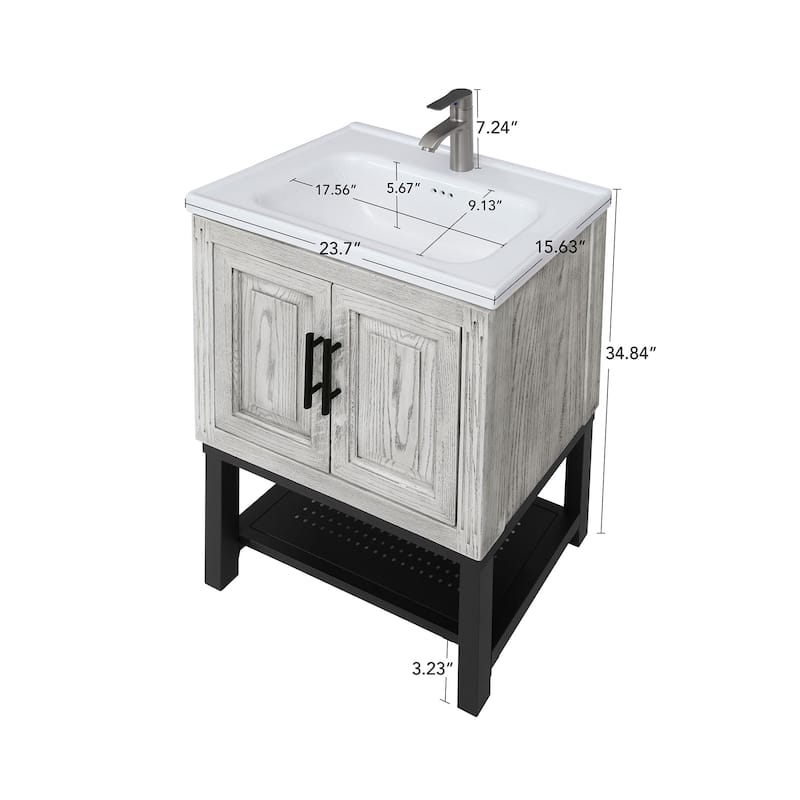 GDFStudio - CompactLine Modern Freestanding Bathroom Vanity with Ceramic Sink and Open Shelf - 24 Inch