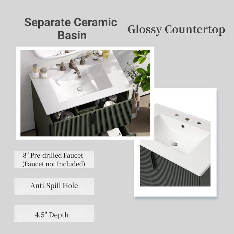 30" Bathroom Vanity with Ceramic Sink, Full-Extension Drawers, Soft-Close Undermount Slides and Fluted Design