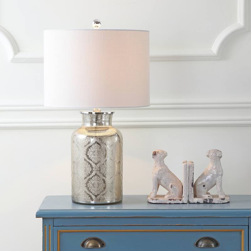 Emilia 24.5" Trellis Pattern Glass LED Table Lamp, Mercury Silver by JONATHAN Y