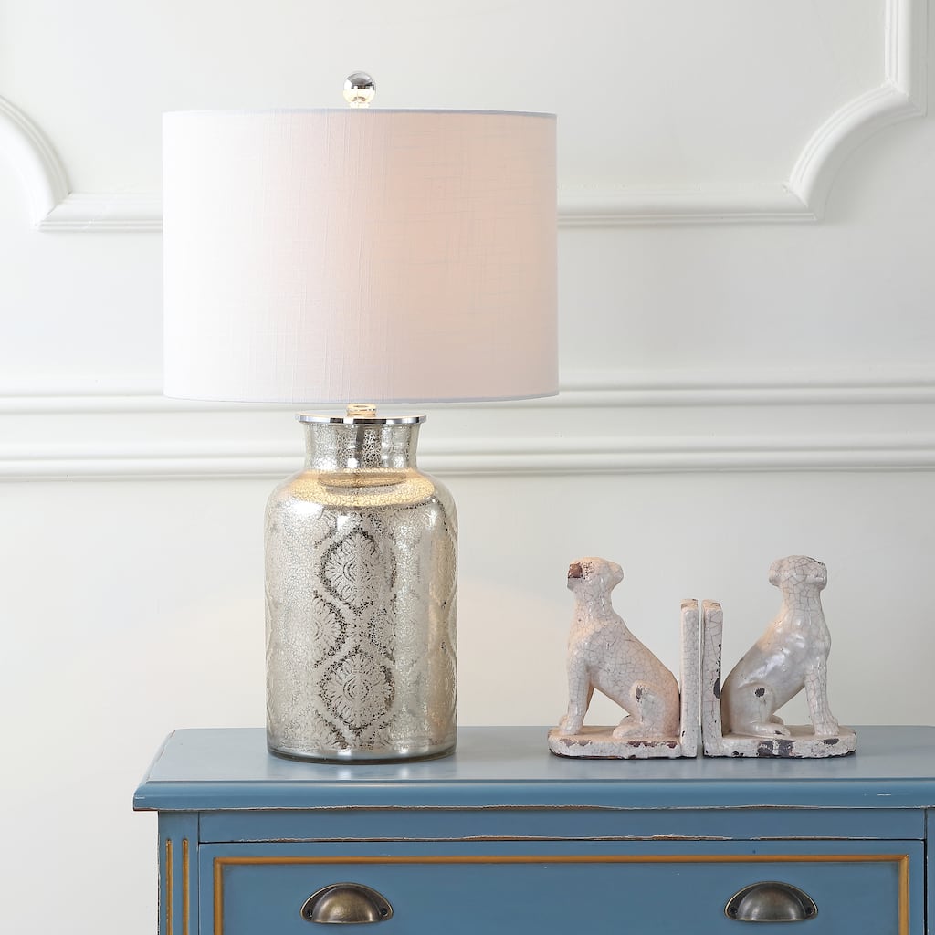 Emilia 24.5" Trellis Pattern Glass LED Table Lamp, Mercury Silver by JONATHAN Y