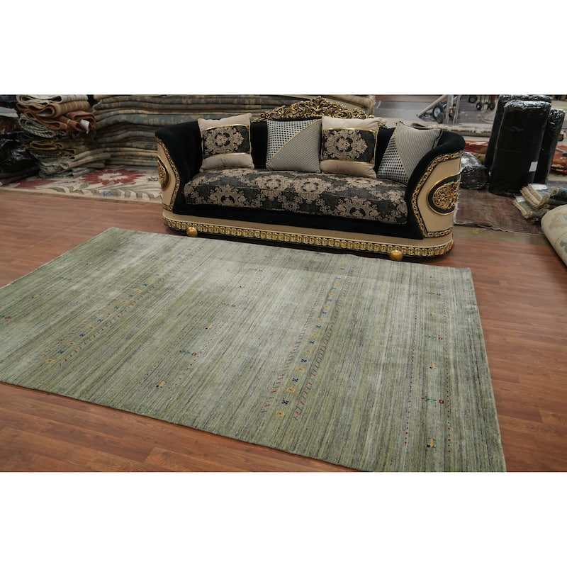 Green Wool Tribal Gabbeh Oriental Area Rug, Handmade Modern Carpet - 9' 10'' X 6' 6''