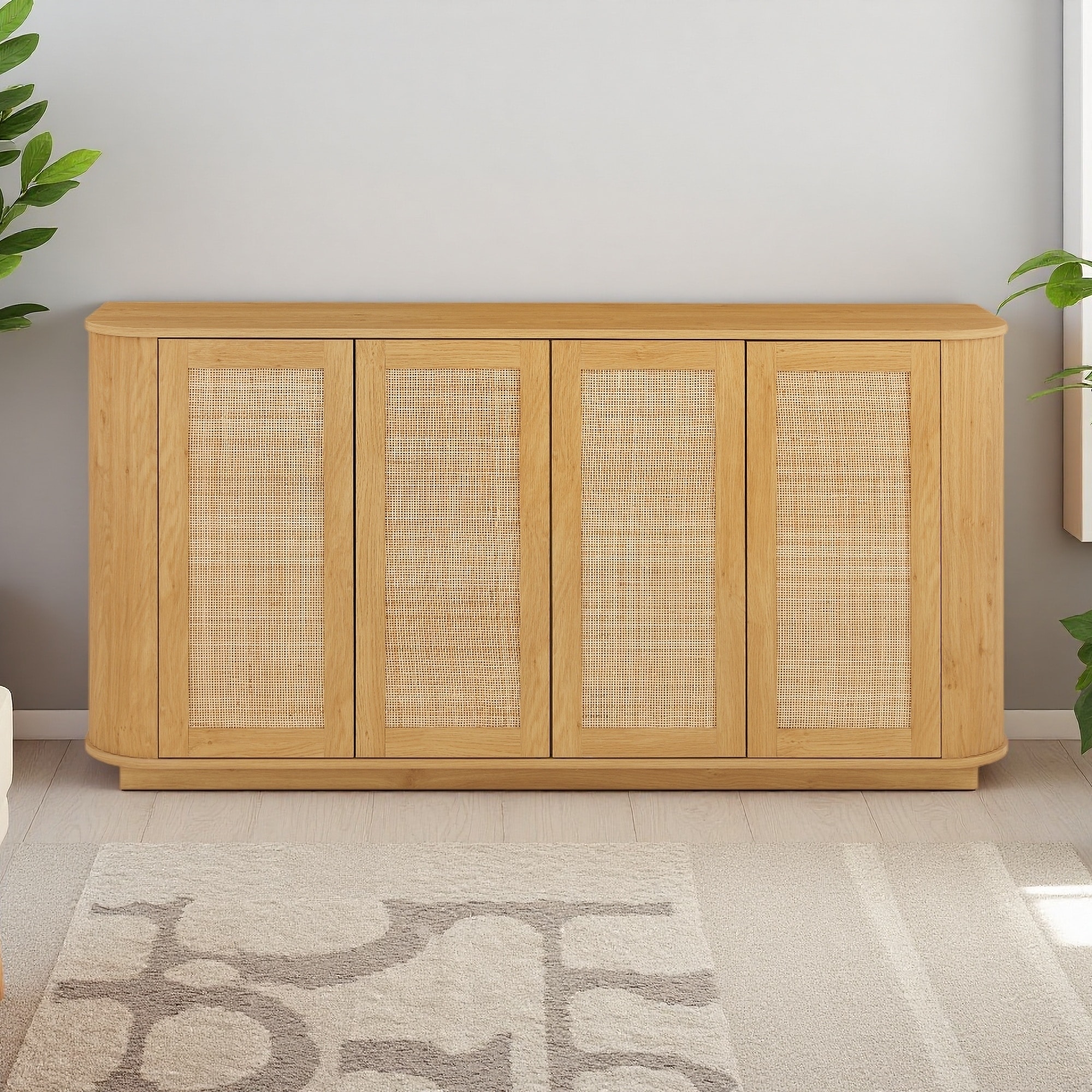 64" Wave-Shaped Sideboard with Rattan Doors & Adjustable Shelves