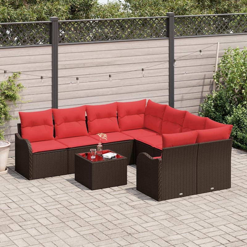 vidaXL 9 Garden Sofa Set with Cushions Black/Brown/Grey Poly Rattan - 91.5 x 92.1 x 27.2