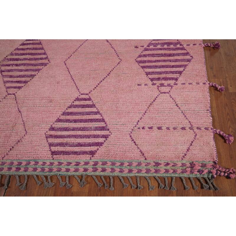 All-Over Pink Geometric Moroccan Area Rug Handmade Wool Carpet - 7'7"x 12'5"