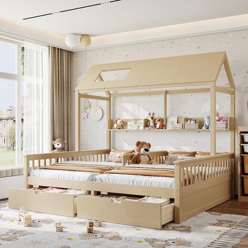 Double Twin Platform Bed with Storage Shelves and Drawers, House Platform Bed with Support Slats, Childlike - Natural