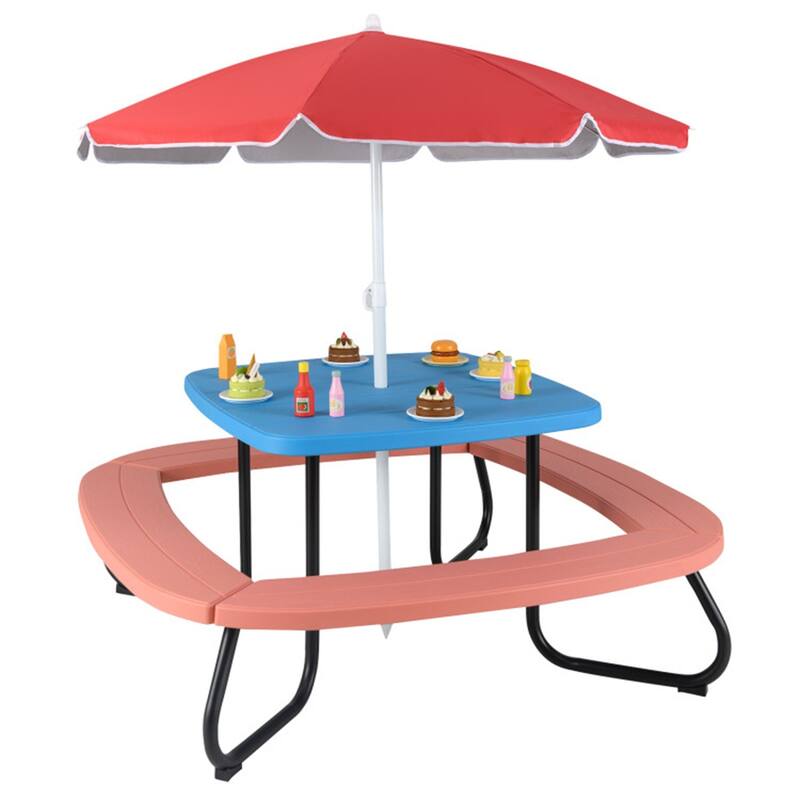 Kids Outdoor Picnic Table with Adjustable Umbrella and Benches Metal Frame and Weather-Resistant Surface - 49" × 49" × 39"-63"
