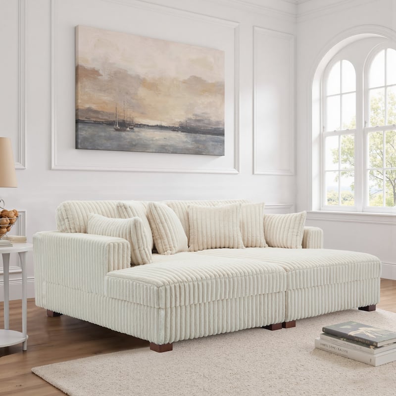 Sophia 84" W Plush Corduroy Chaise Lounge Modular Sectional Sofa - White&4 Pillows