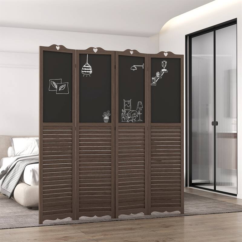 4-Panel Folding Room Divider with Blackboard - Natural