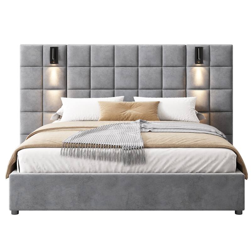 Grey Velvet Upholstered Queen Bed with USB Reading Lamp and Wide Headboard