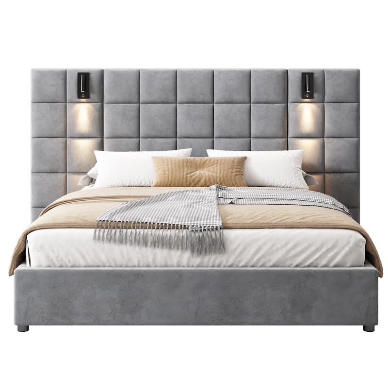 Grounded Bed Upholstered Bed Frame with 46" High Headboard and Integrated Reading Lamp & USB Port, Square Quilting Design
