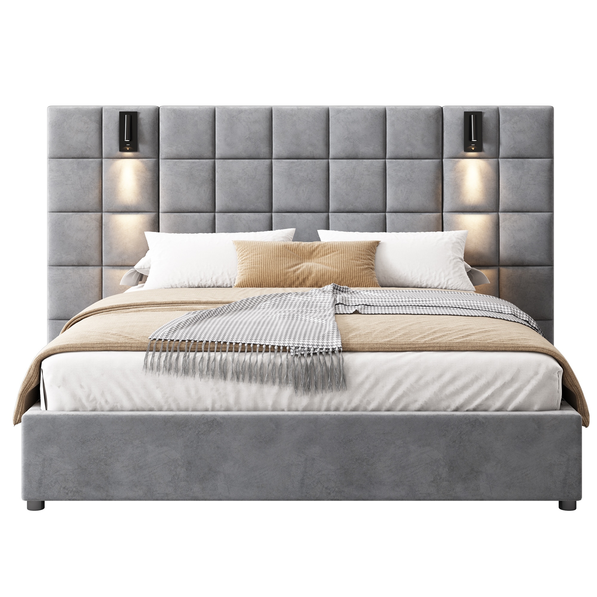modern headboard with built-in USB ports and LED reading lights