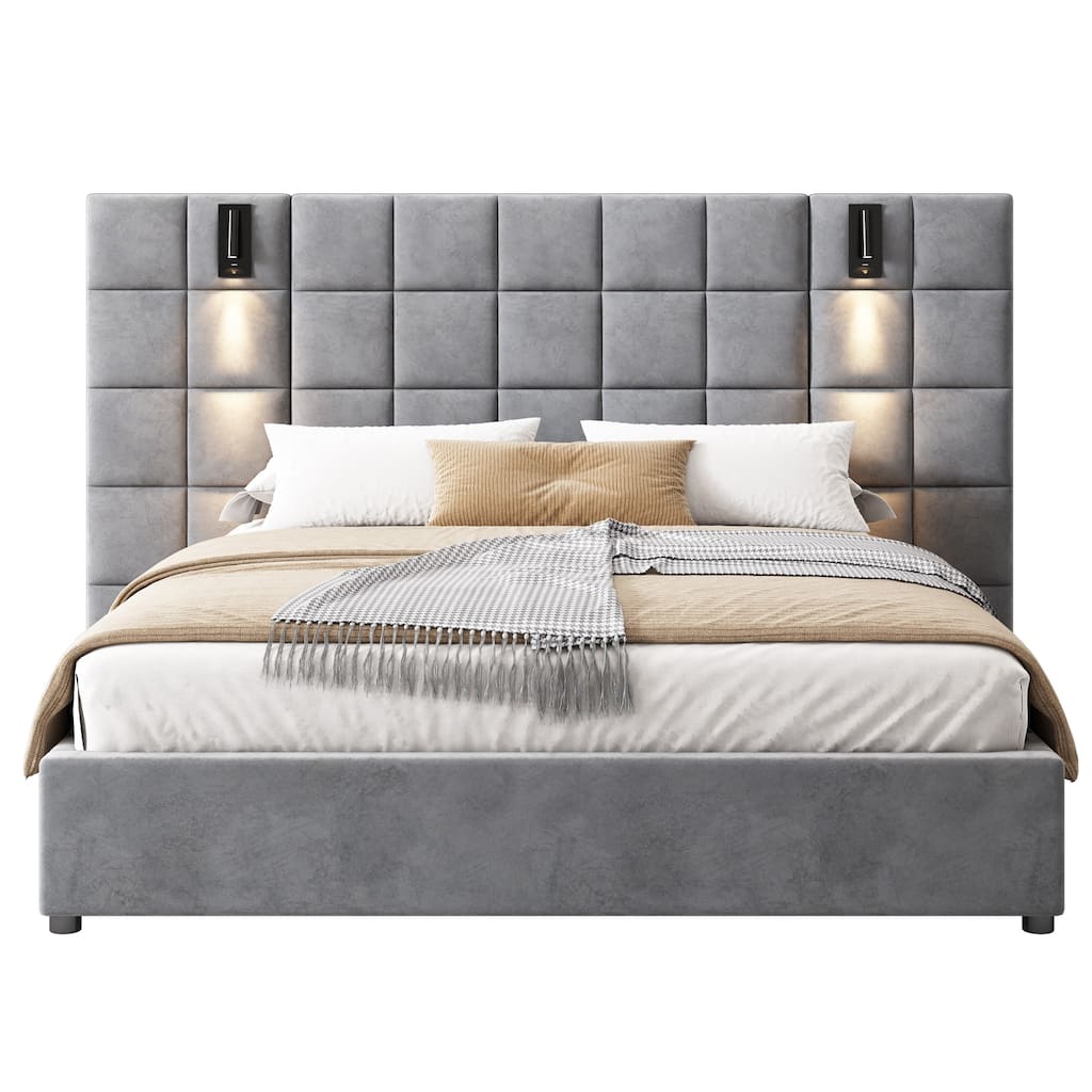 Modern Upholstered Wingback Bed Frame with Wide Headboard, Adjustable Reading Lamp & USB Port, No Box Spring Needed, Velvet,Gray