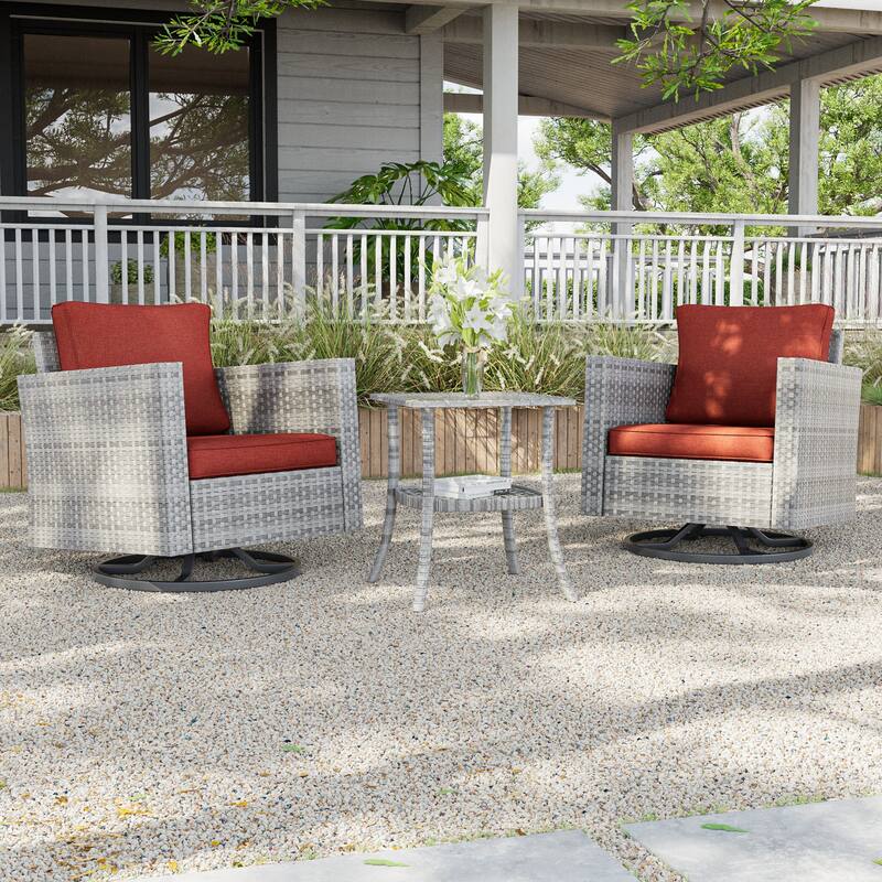 LIVOOSUN 3-Piece Patio Sofa Set Outdoor Rattan Swivel Rocking Chair Glass Table - Gray/Orange