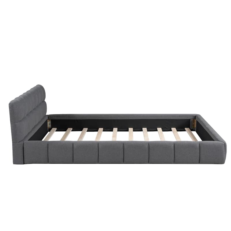 Queen Size Grounded Bed Thick Fabric Low-Profile Upholstered Platform Bed Solid Wood Slat Support Futon Headboard, Gray