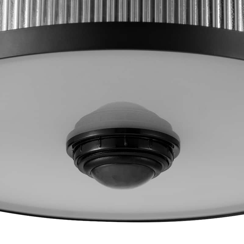 2-Light Matte Black Motion Activated Outdoor Flush Mount Ceiling Light with Ribbed Glass Shade and Frosted Glass Lens - 11"