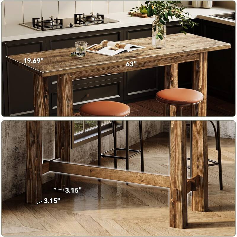 63" Long Industrial Solid Wood Bar Table for Kitchen, Home Bar, Café or Restaurant