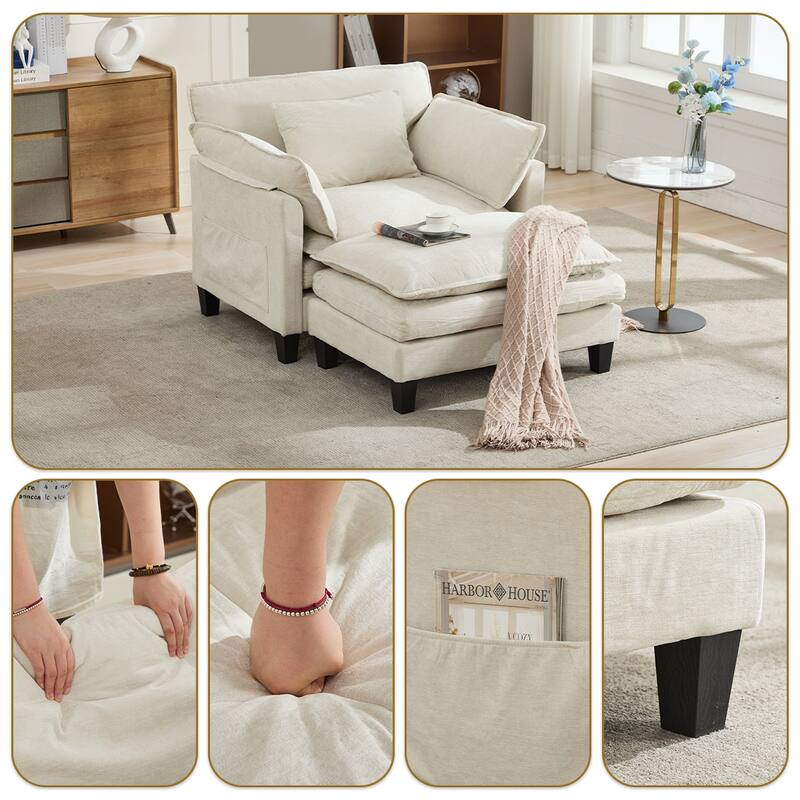 Oversized Single Sofa Chair with Ottoman, Double-Layer Seat Cushion, Chenille Fabric Lounge Chair, Living Room Reading Chair