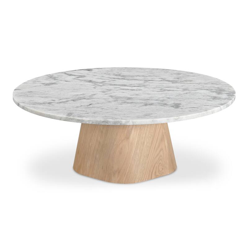 NADAAL STUDIOS Eden Coffee Table, Round Raj Grey Marble Top with Oak Veneer Base, Contemporary Design, White