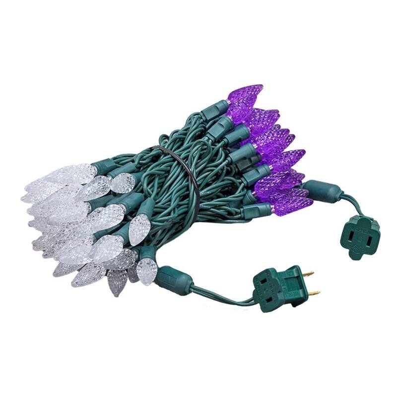 70 Light C6 LED Christmas Mini Light Set, Purple/Pure White, Green Wire, 24 Feet - Large