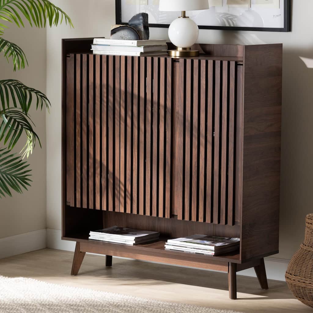 Delaire Mid-Century Modern Walnut Brown Finished Wood Shoe Cabinet