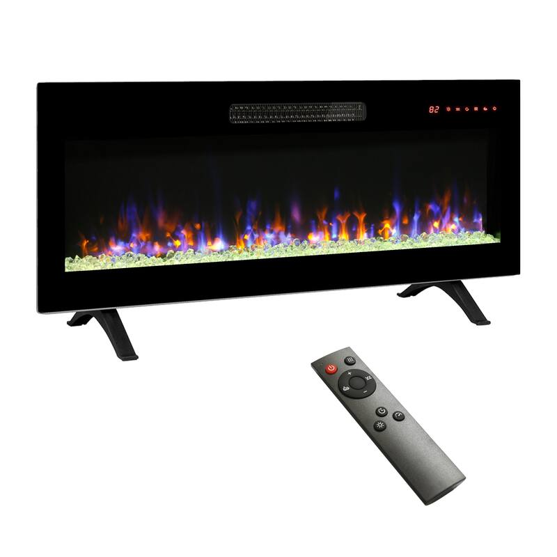 42-Inch Wall-Mounted Electric Fireplace with Touch Control, 16 Flame Colors, Multi-Color Emberbed, and Remote - Black